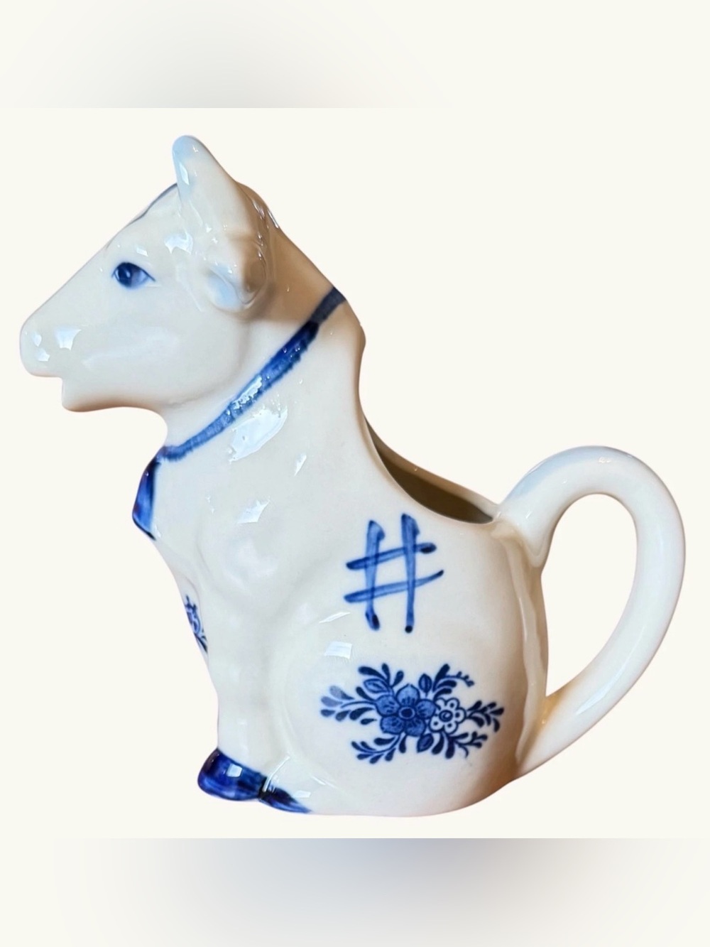 Delft Style Cow Creamer Ceramic Blue & White Floral 5” Vintage